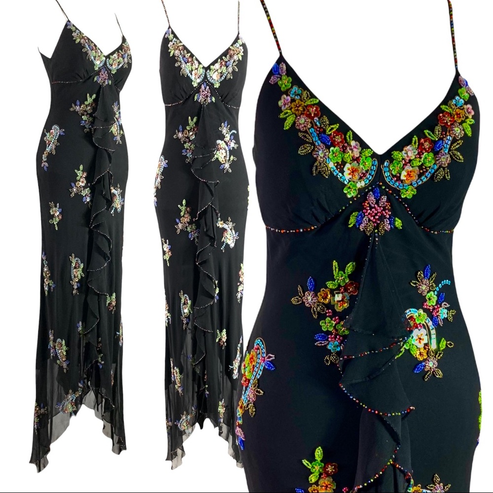 Vintage Sue Wong Nocturne Black Silk Beaded Slip Dress Floral Embroidered Size 2
